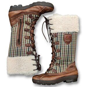 UGG Edmonton Tall Boots 3226 Green Plaid Brown Leather Sheepskin Shearling 7